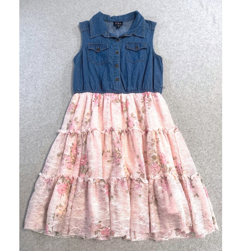 Lilt Girls‎ Dress Size 10 Denim Top Floral Lace Skirt Tiered Sleeveless
